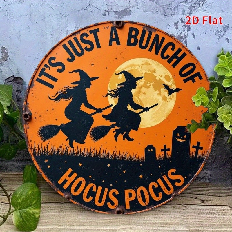 2D Flat, 1pc – Halloween Flying Witch Silhouette Tin Metal Signs, 8×8 inches – S