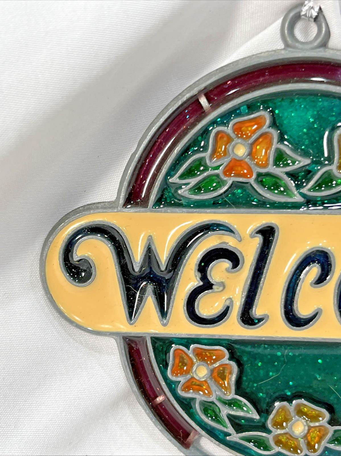 Vtg Makit Bakit Welcome Sign “stained glass” Glitter Suncatcher 80’s Ornament
