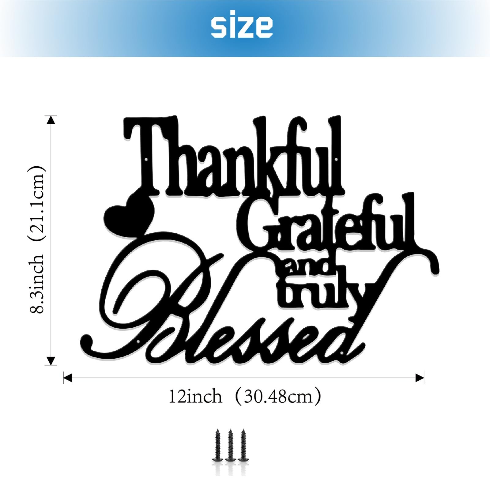 Thankful Grateful Blessed Wall Decor Black Metal Art 12″L x 7″W,