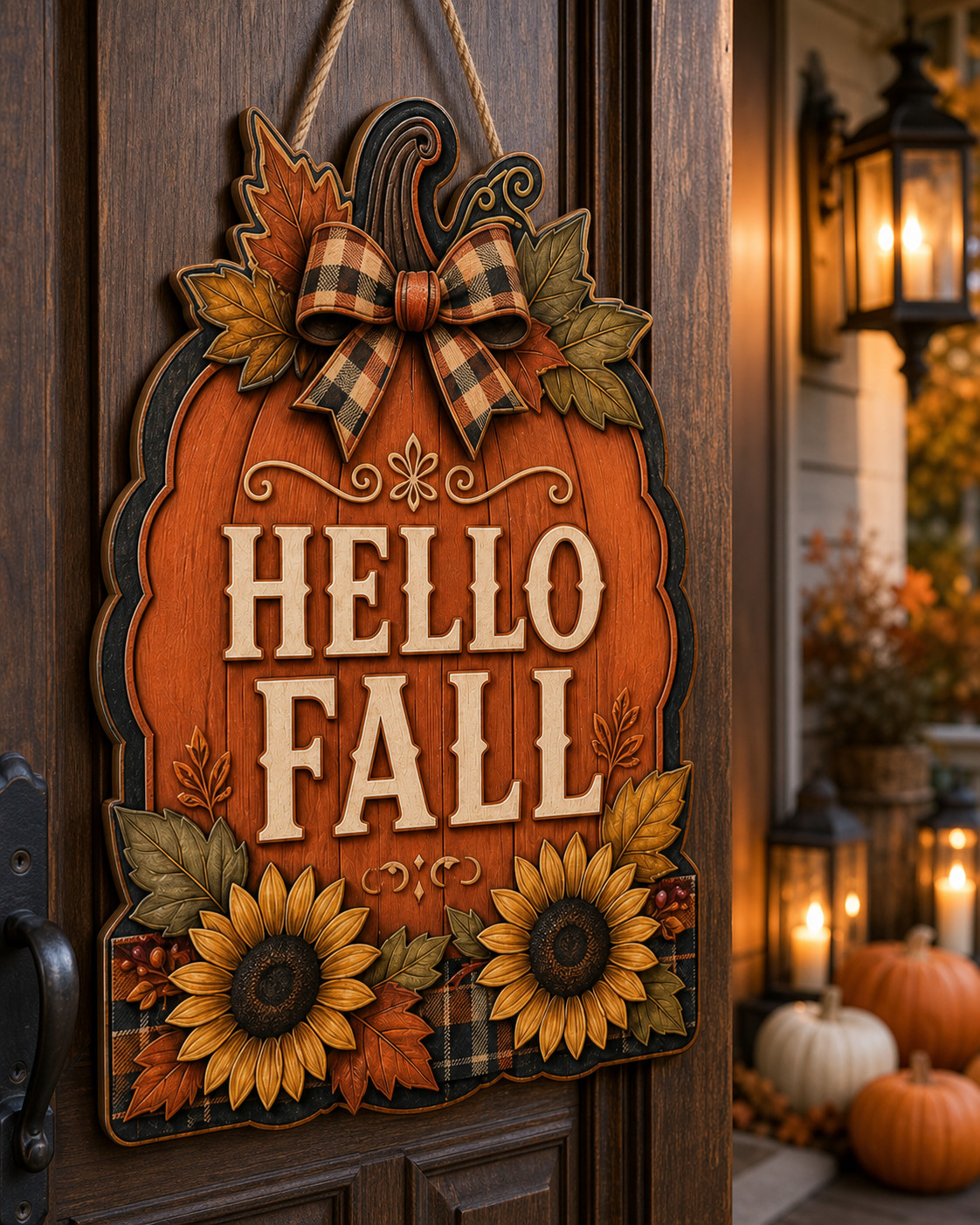Hello Fall Wooden Sign Pumpkin Sunflower Plaid Front Door Decor Gift