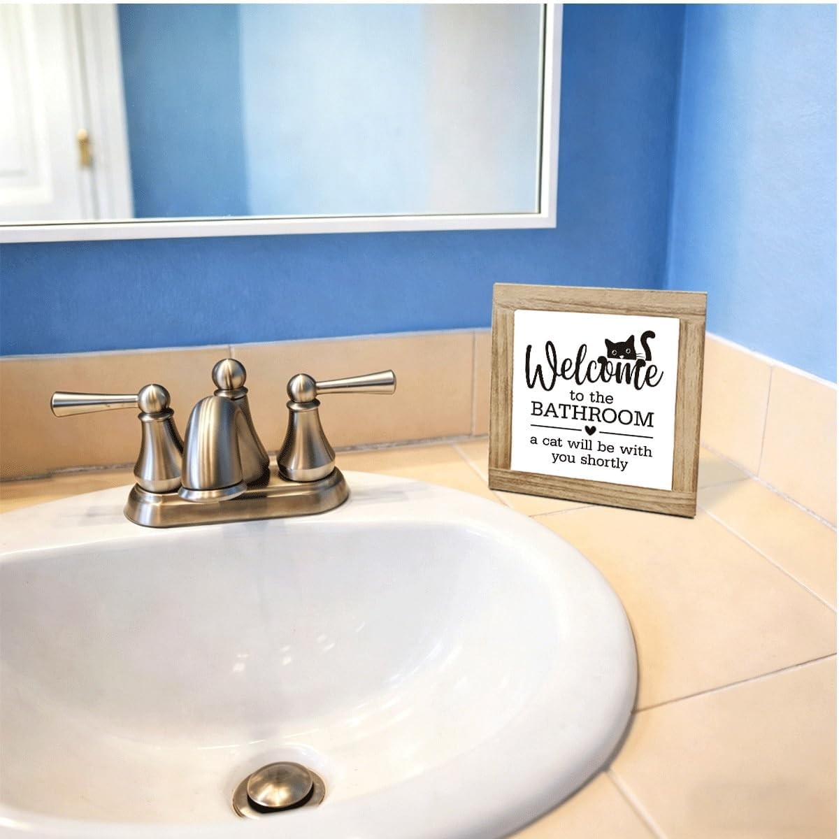 Funny Bathroom Decor Wooden Box Sign with Cat Toilet Restroom Shelf Table