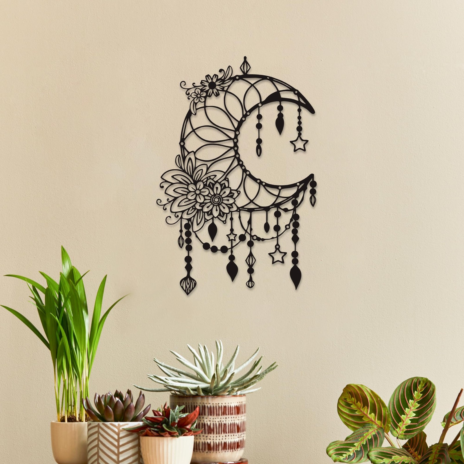 Matte Black Moon Phase Wall Decor–Elegant Metal Moon Wall Art with Floral & H…
