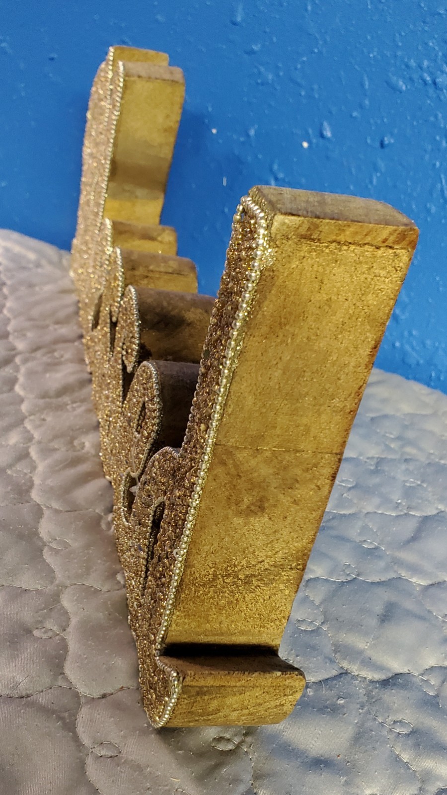 LB3 Gold Glitter Wood “Blessed” Word Text Script Plaque Shelf Sitter Decor