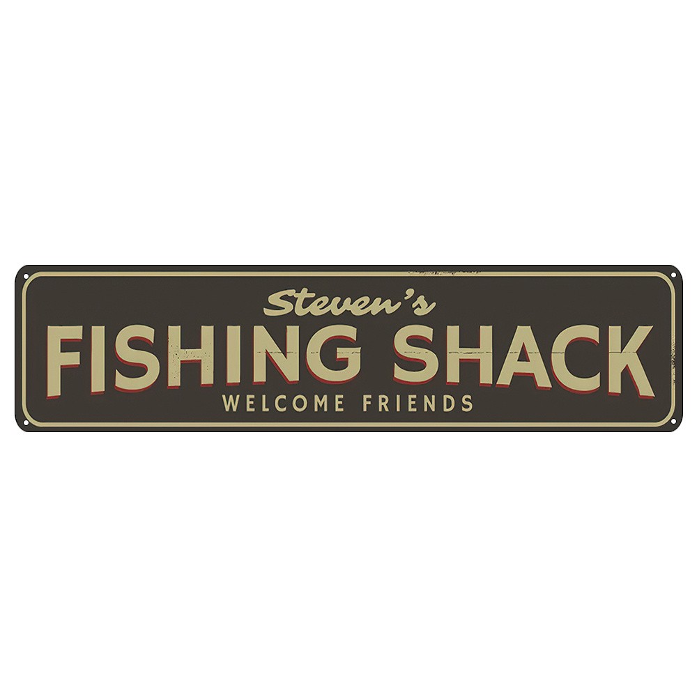 Vintage Brown Custom Name Fishing Shack Metal Sign Lake Cabin Front Door Decor
