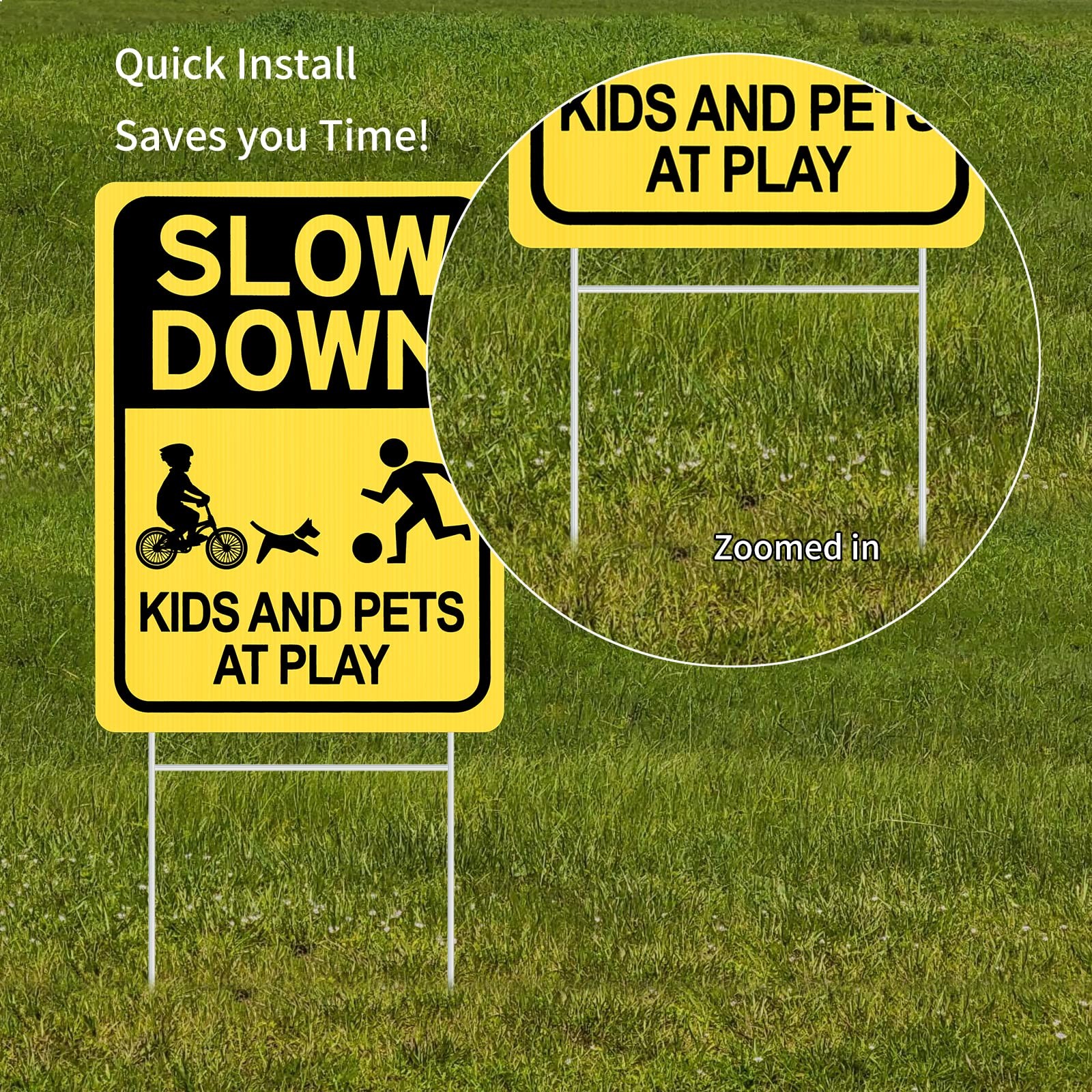 Slow down Sign with Metal Stake Kids and Pets at Play Sign 16 X 12 Corrugate