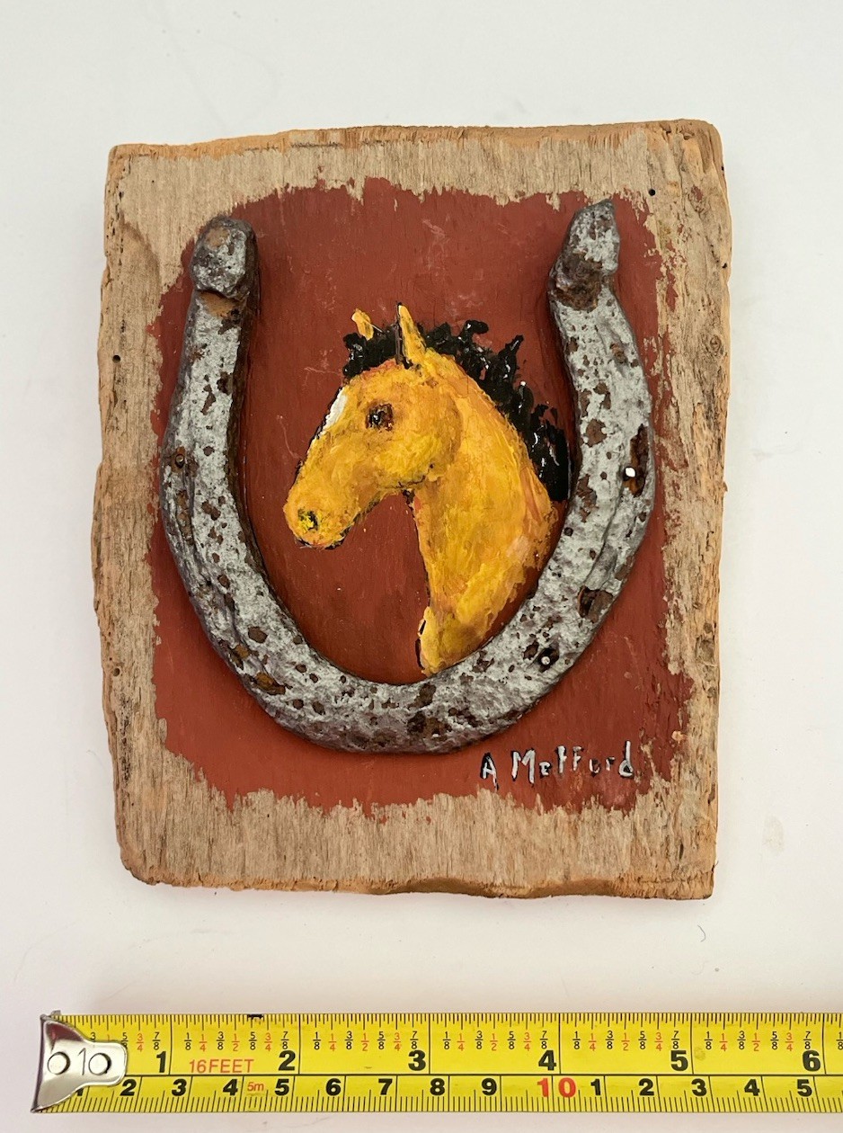 Hand Made Unique Wood Painted Horse Plaque w/ Horse Shoe Signed 5×7 SALE!