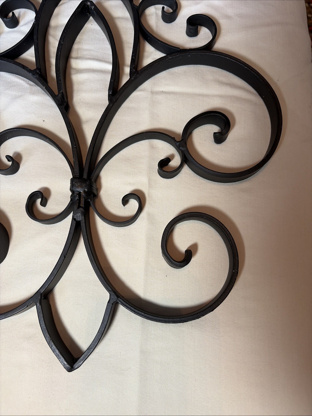 Fleur De Lis Black Wrought Iron Metal Scroll Wall Decor Vintage 11”x12” Pair