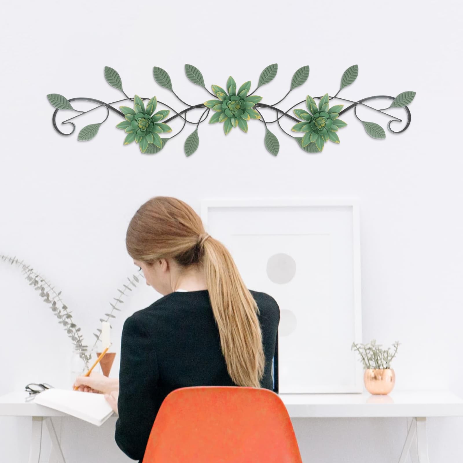 Green Metal Wall Art Modern Minimalist Flowers Indoor Horizontal Iron Decor