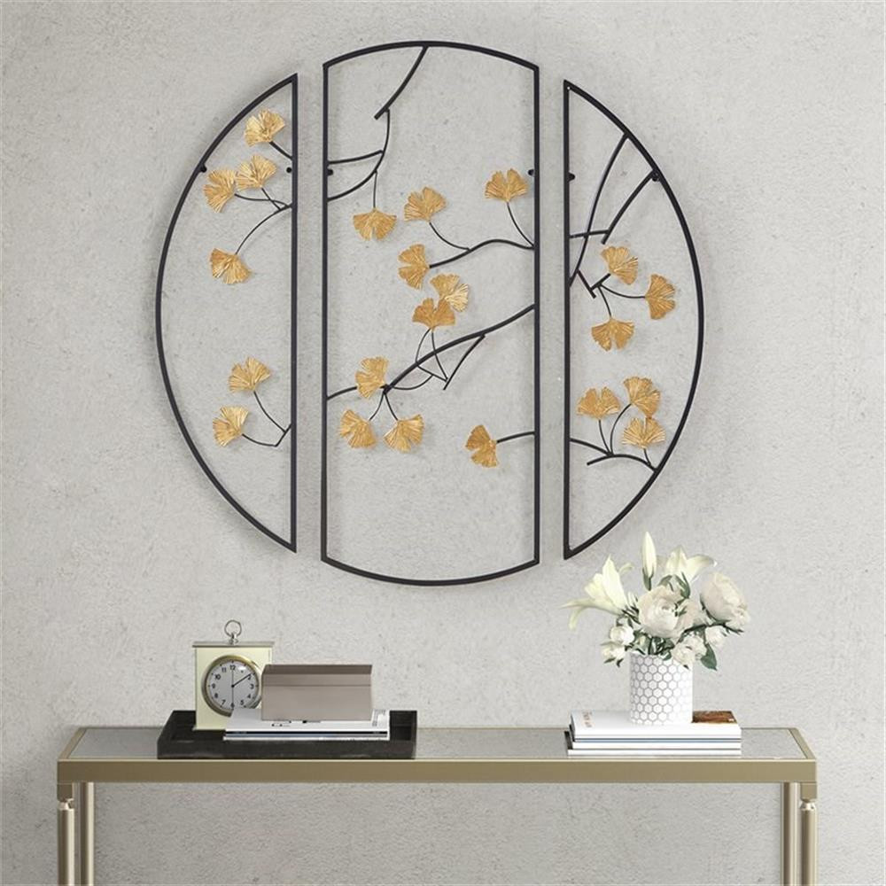 Pemberly Row Transitional Metal Gingko Leaves Wall Art in Black