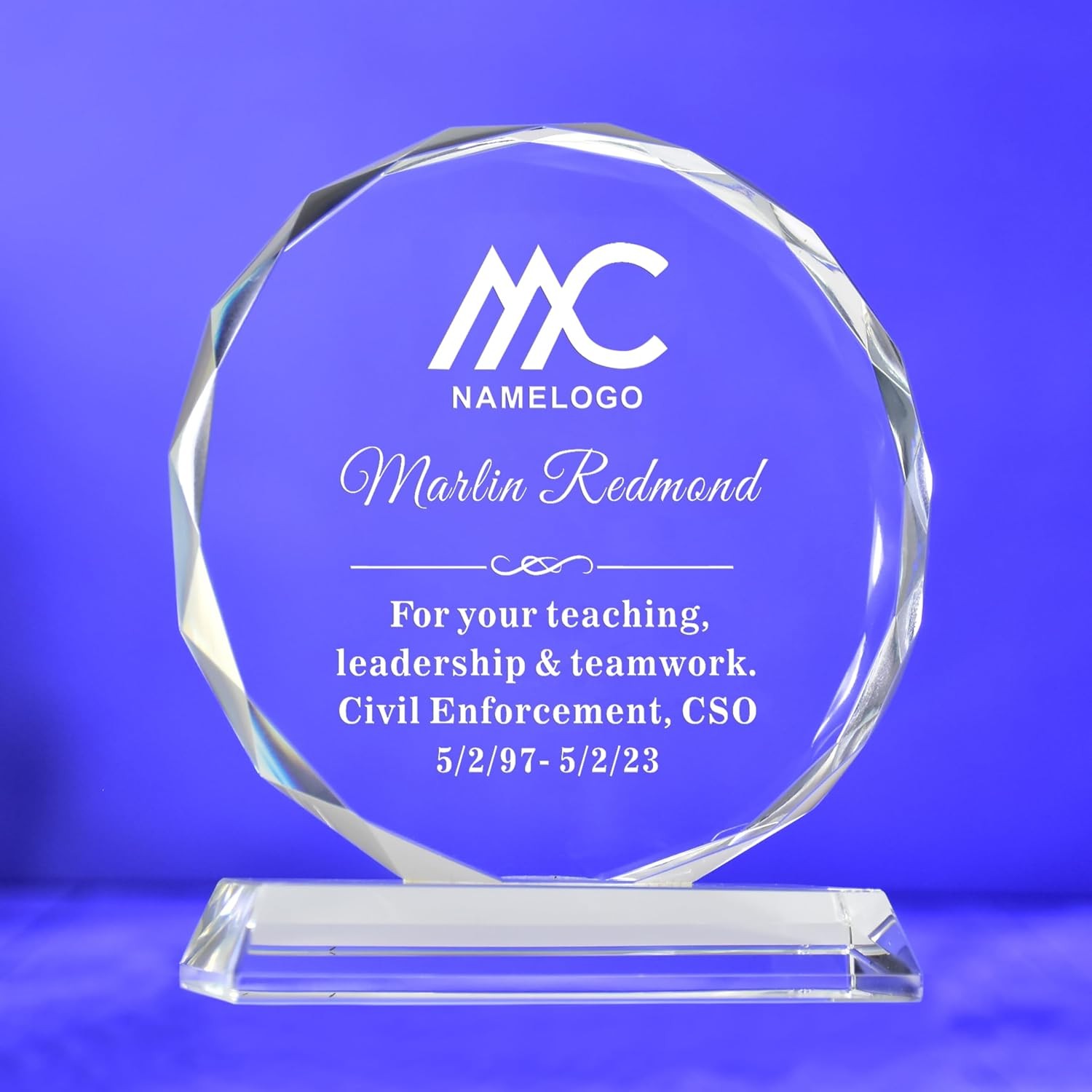 Personalized 9” Glass Plaque Engraved W/ Names Appreciation Messages & Company