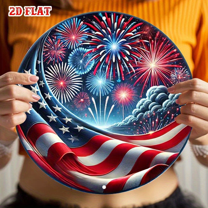 2D Flat Round Aluminum Metal Tin Sign Independence Day American Metal Wall Art♪