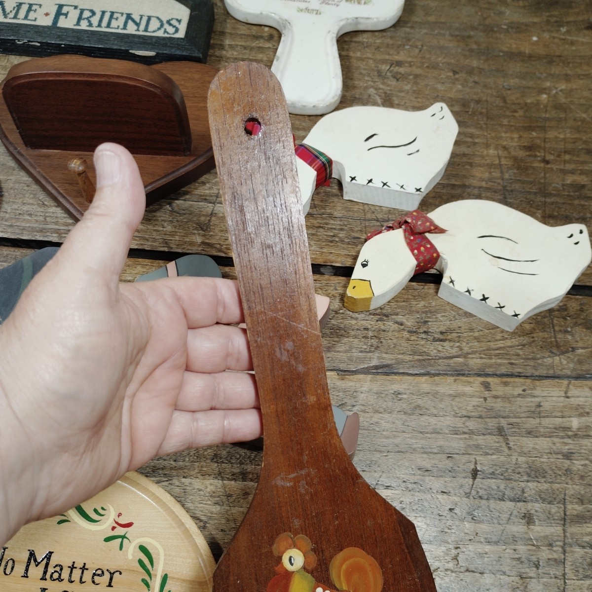 Vintage Country Folk Art Wooden Cutout Lot Geese Hearts Welcome Kitchen Rooster