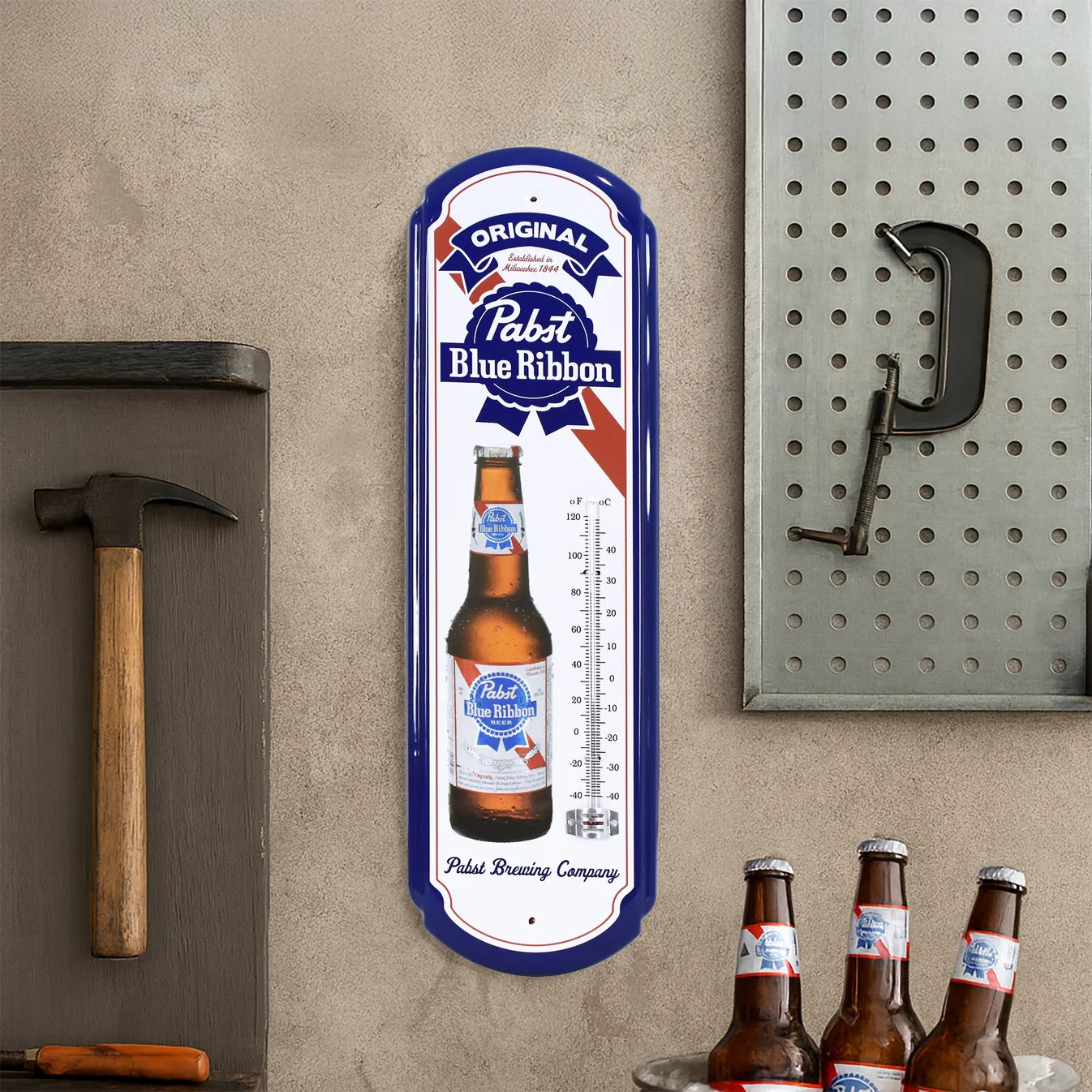 Pabst Blue Ribbon Metal Thermometer Wall Sign Retro Beer Bar Garage Man Cave