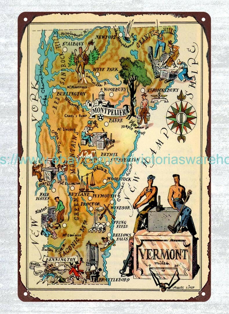 Vermont Pictorial Map 1946 metal tin sign unique wall art