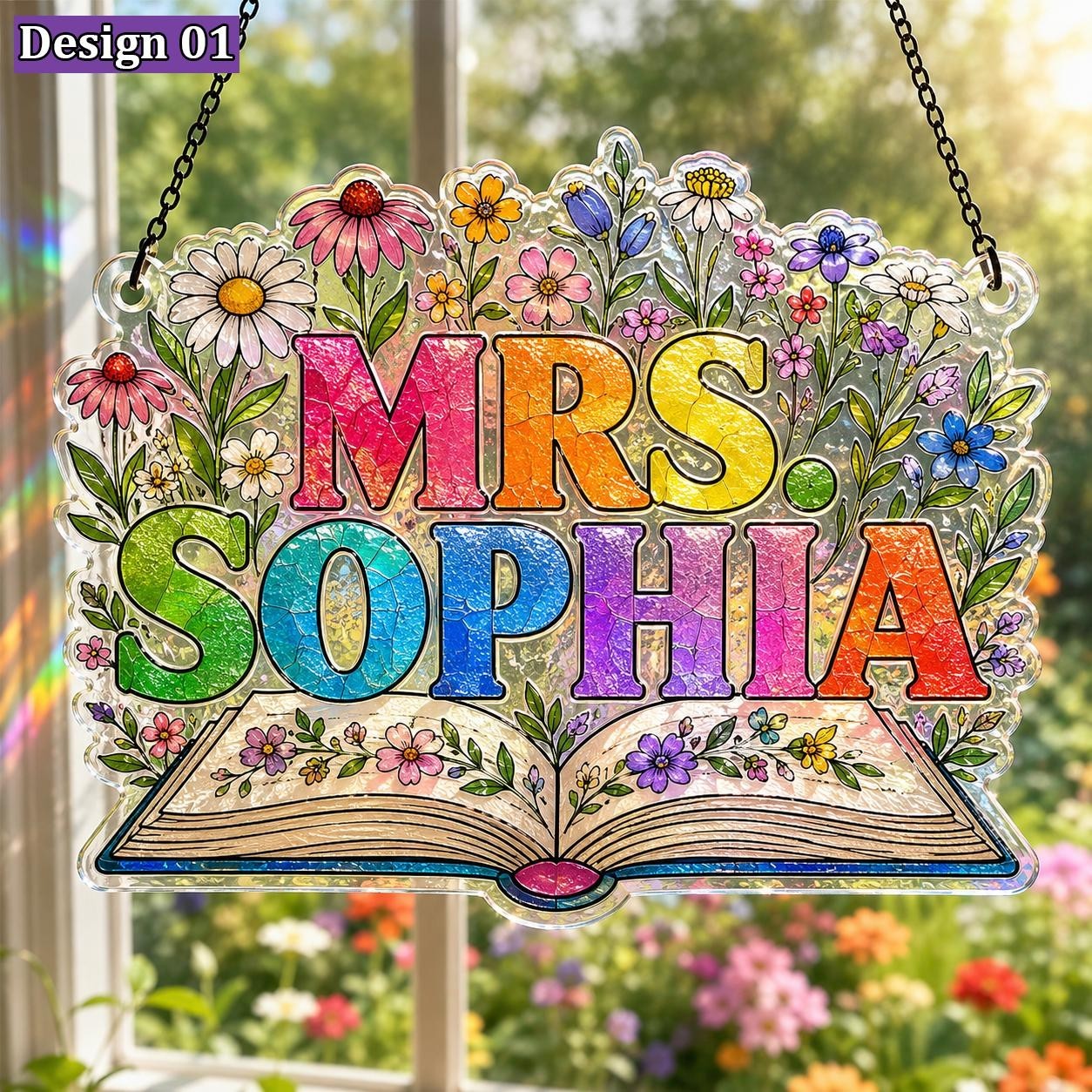 Personalized Floral Book Teacher Acrylic Suncatcher, Teacher Gift