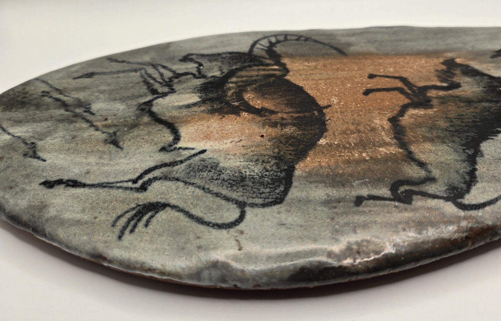 Oval Ceramic Bull Art Wall Hanging Plaque Gray Brown Black 11 x 6 in