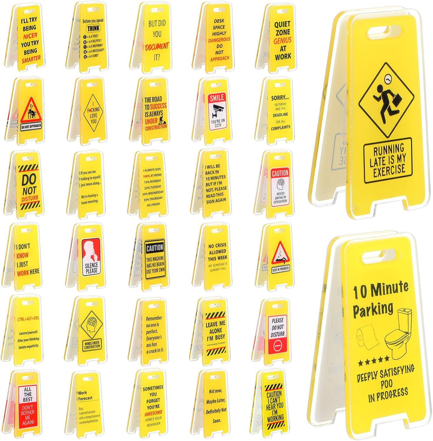 32 Pcs Funny Office Desk Signs, Mini Acrylic Yellow Caution Desk Signs Funny Off