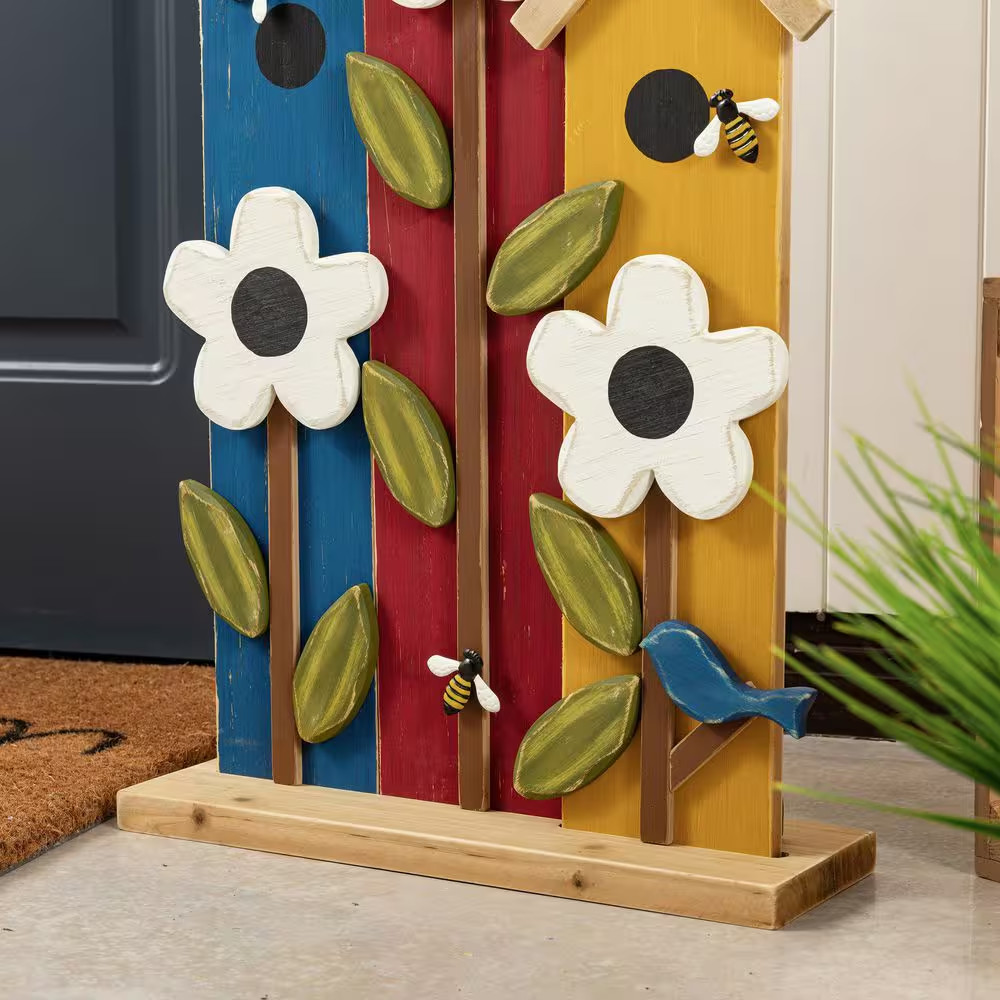 30 In. H Solid Wood Birdhouse Shaped Porch Decor Garden Stake