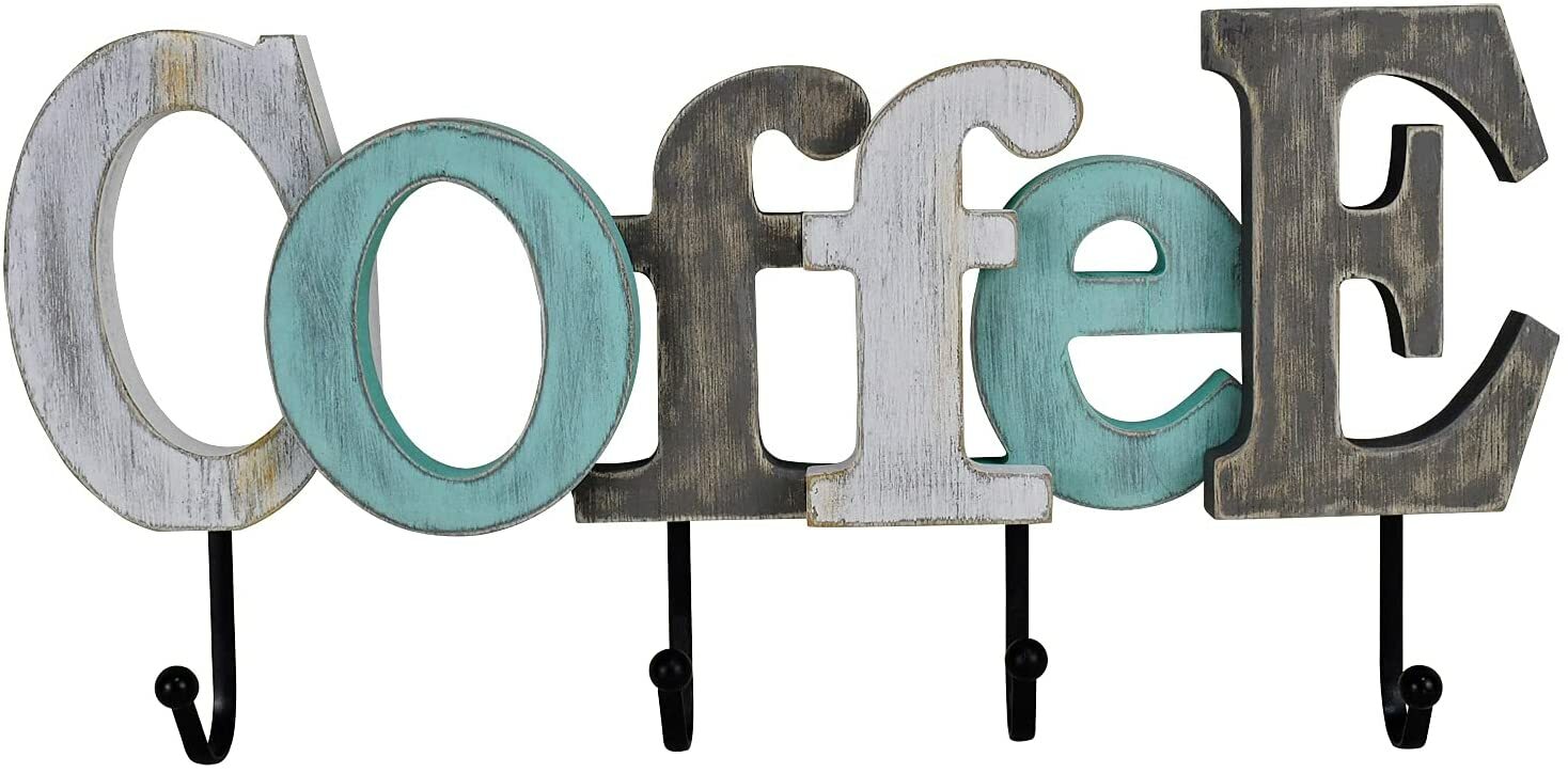 Wood Coffee/ Home/ Bath Sign with Hooks, Decorative Cutout Word Sign Wall Decor