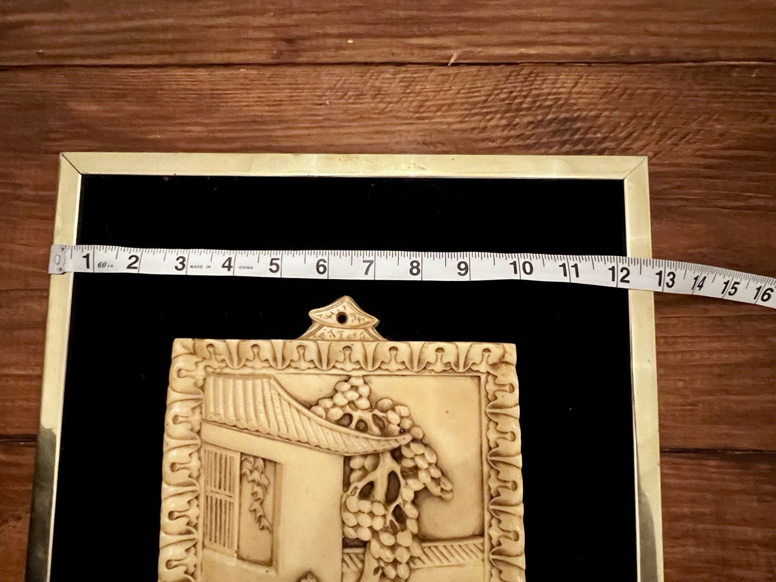 Vintage Chinese Faux Ivory Resin Carved Wall Plaque Framed Scholar Scene 17×13
