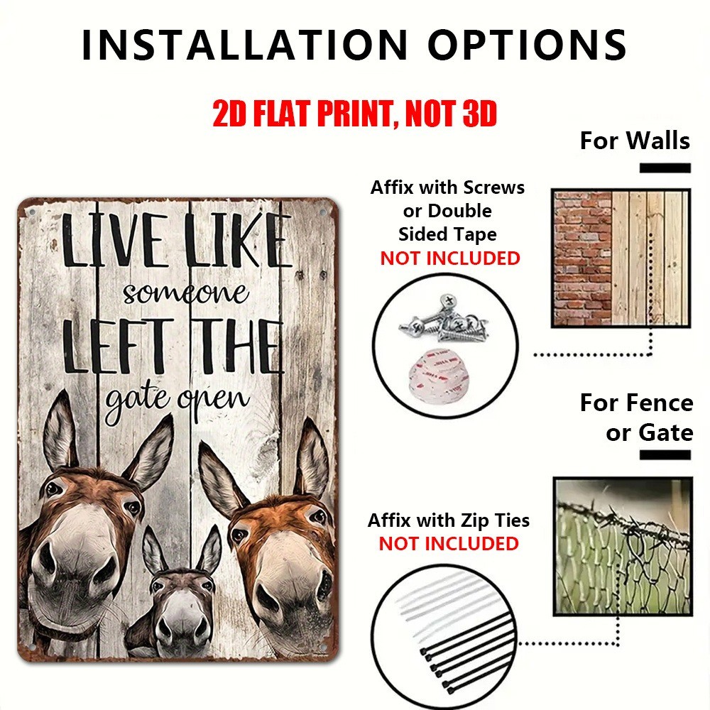 Rustic Donkey Tin Signs LIVE LIKE LEFT GATE OPEN Motivational Quote Funny Plaque