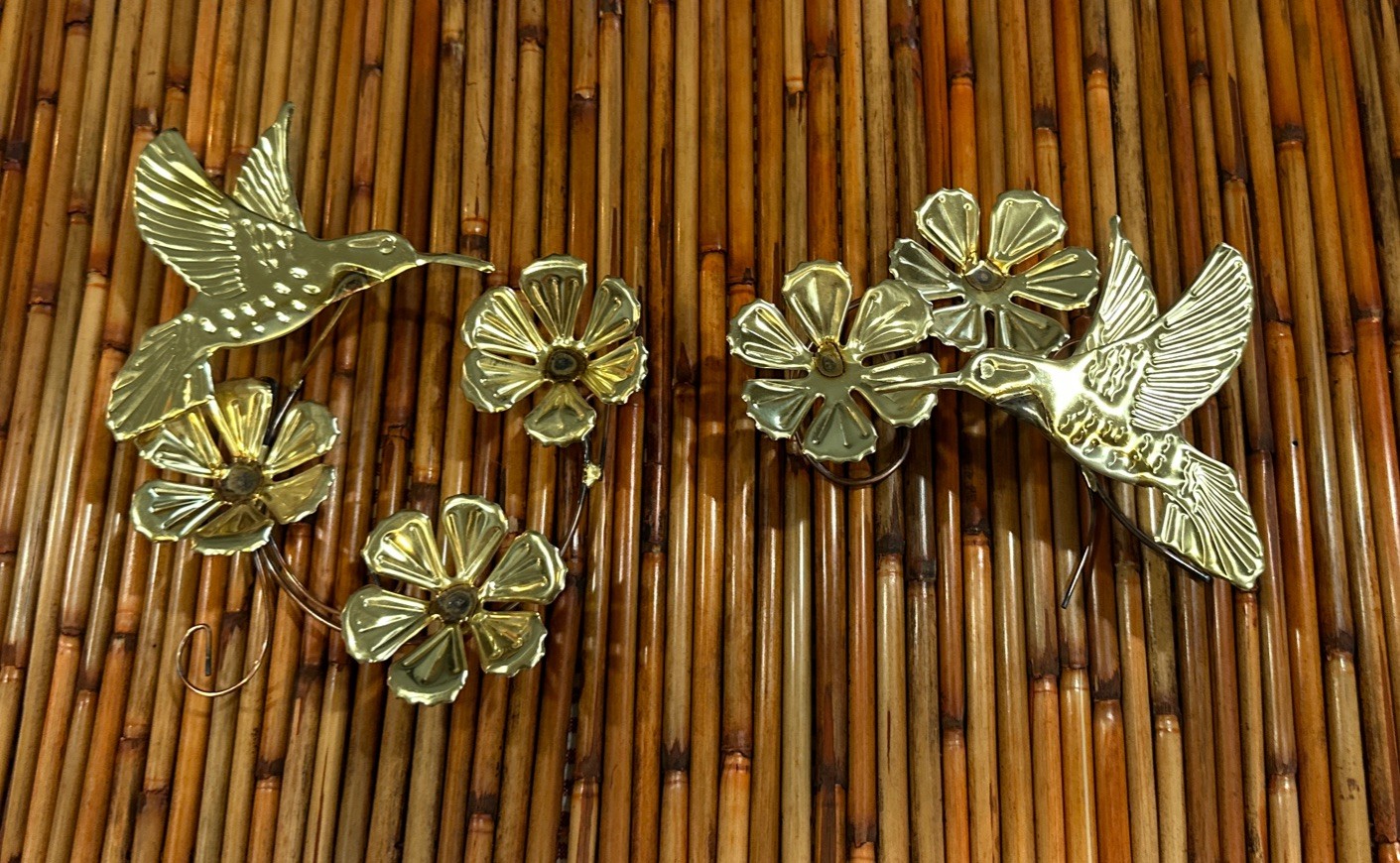 Tin Golden Hummingbirds With Flowers Lightweight Wall Hangings Vintage Set