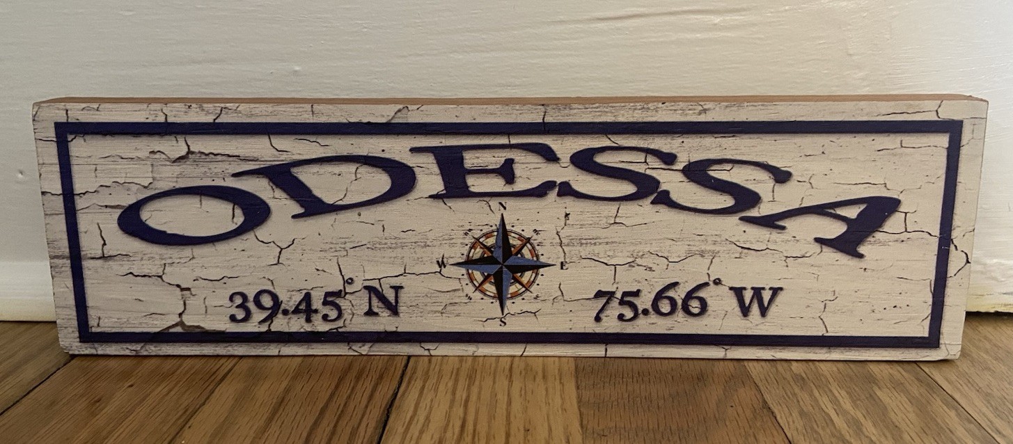 Odessa Delaware Wooden Compass GPS Coordinates Sign 12×3.5 Made In USA – J1