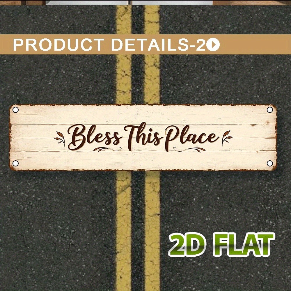 Retro Wood Grain Metal Sign Bless This Place Leaf Floral Print Entry Wall Decor
