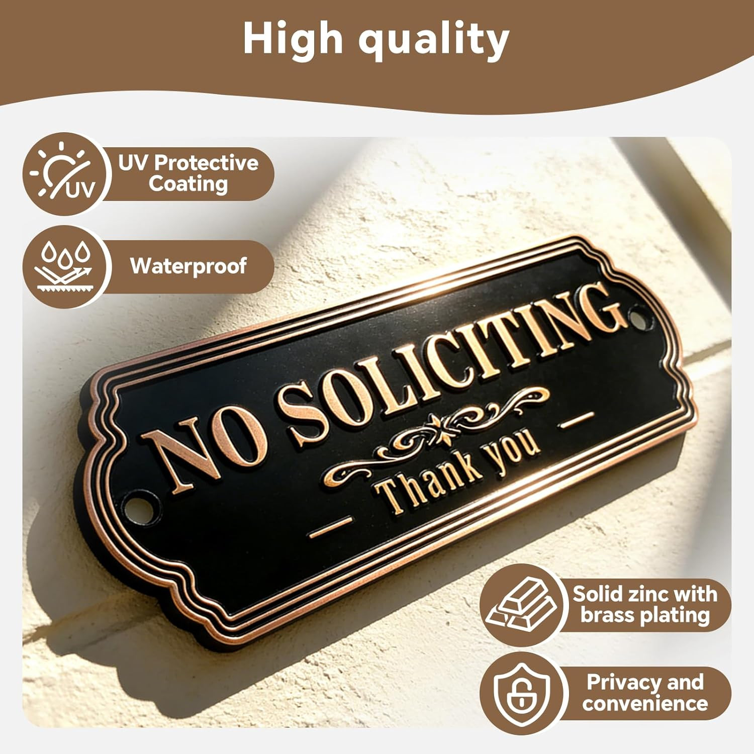 Premium Brass 6″ x 2.4″ No Soliciting Sign For House, No Soliciting Sign For Fro