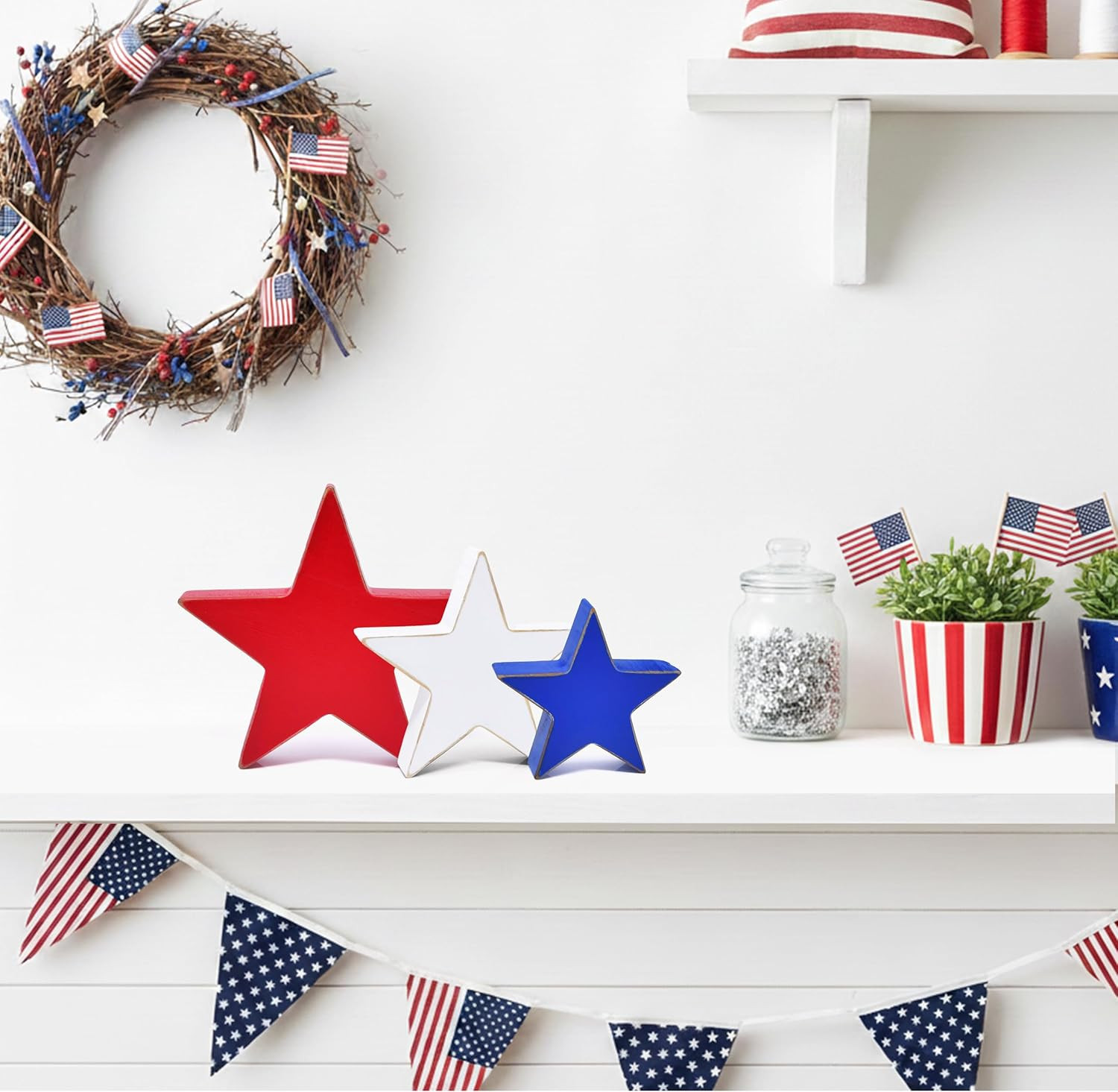 Patriotic Wooden Star Decor Set Red White Blue Americana Rustic Farmhouse Stars