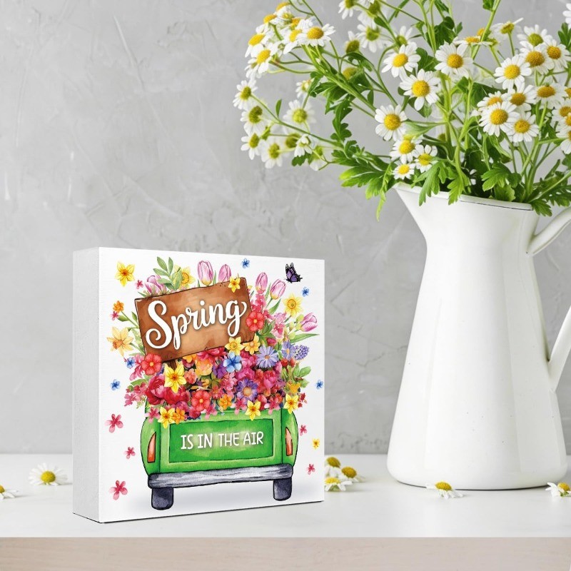 “Spring Is In The Air” Wood Sign, Watercolor Flower Truck Design for Home