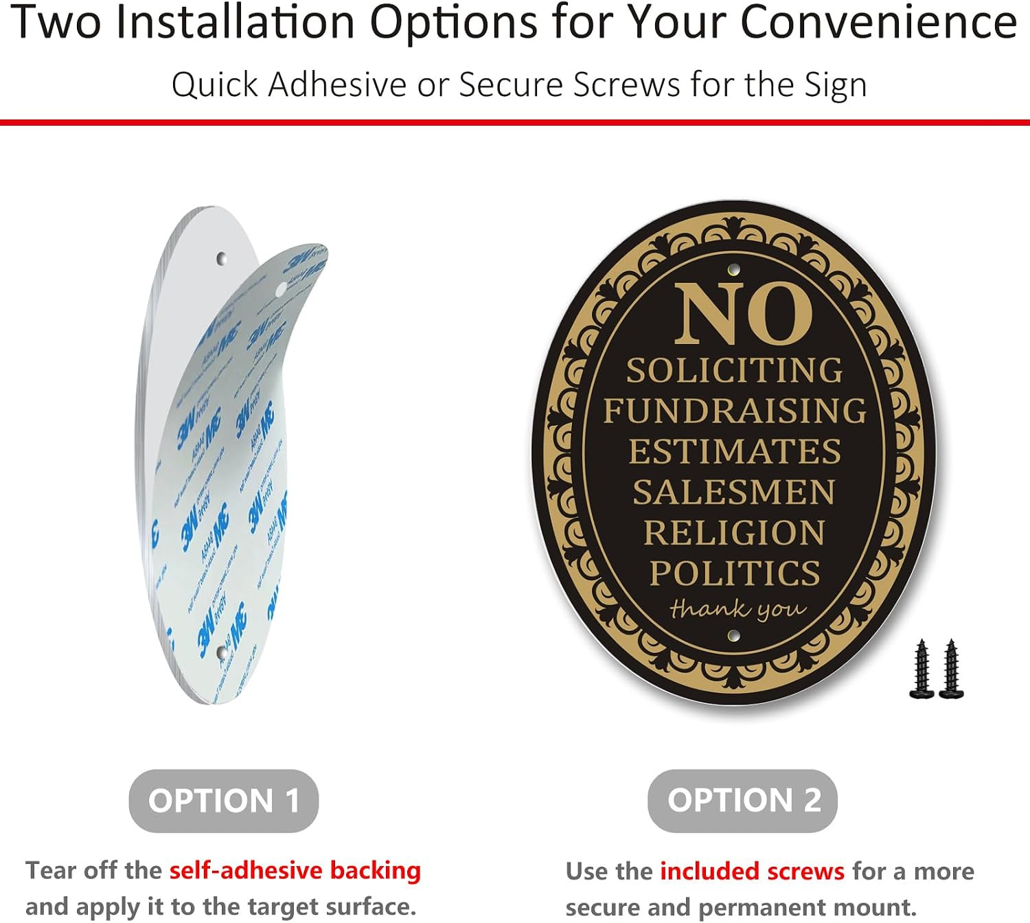 (2 Pack) Metal Self-adhesive No Soliciting Sign for Front Door – 6″ x 4.7″ Sm…