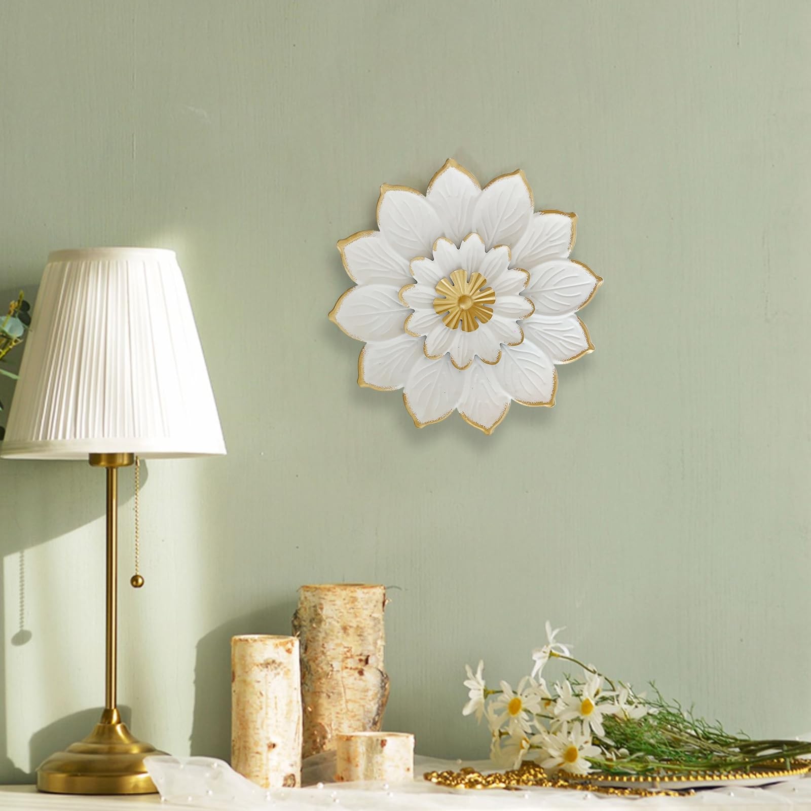 9.2“ White and Gold Metal Flower Wall Art, Modern Rustic Floral Decor for Ind…
