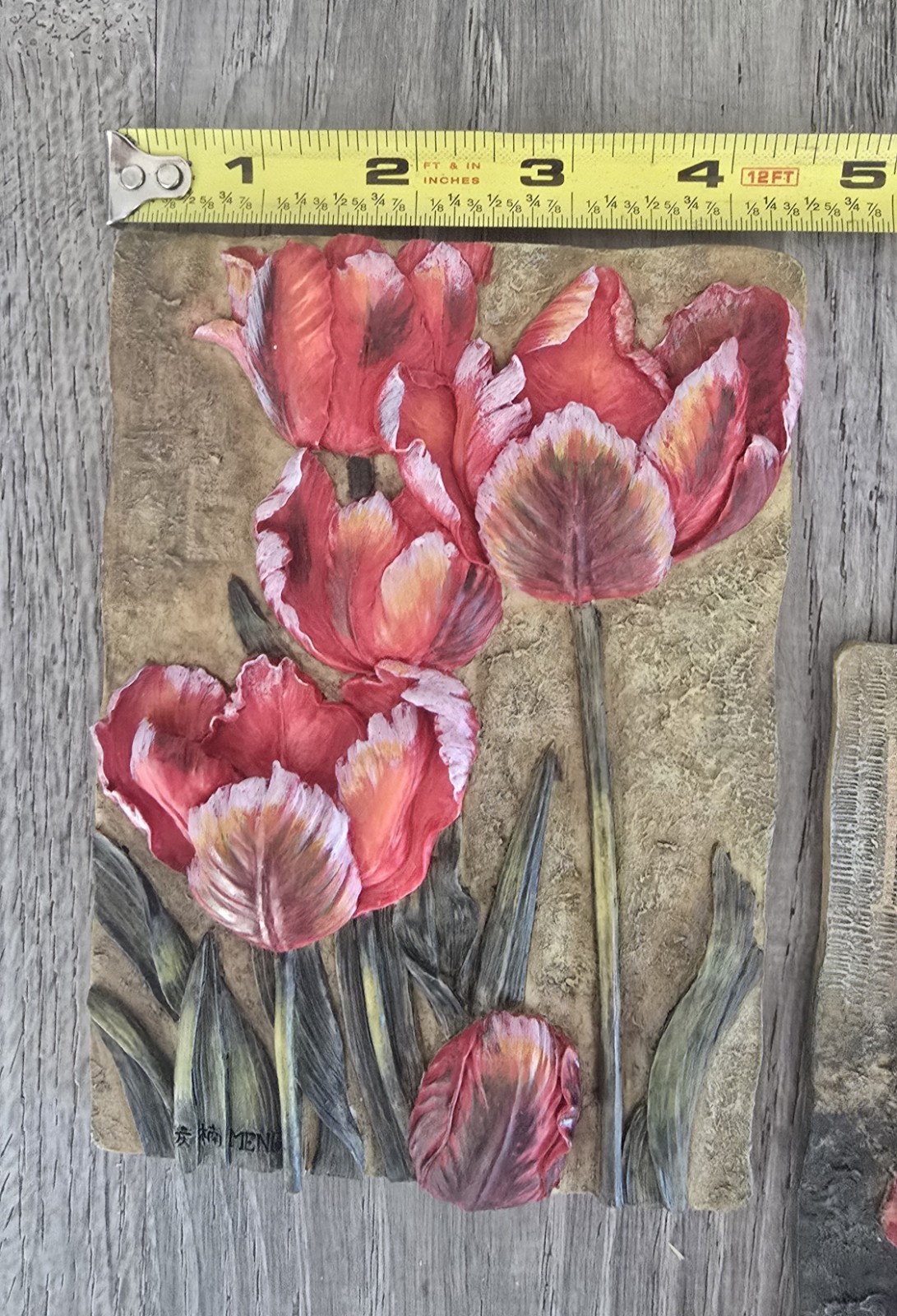 Pair of Textured 3D Red Poppy / Tulip Floral Wall Art Plaques 3D Meng