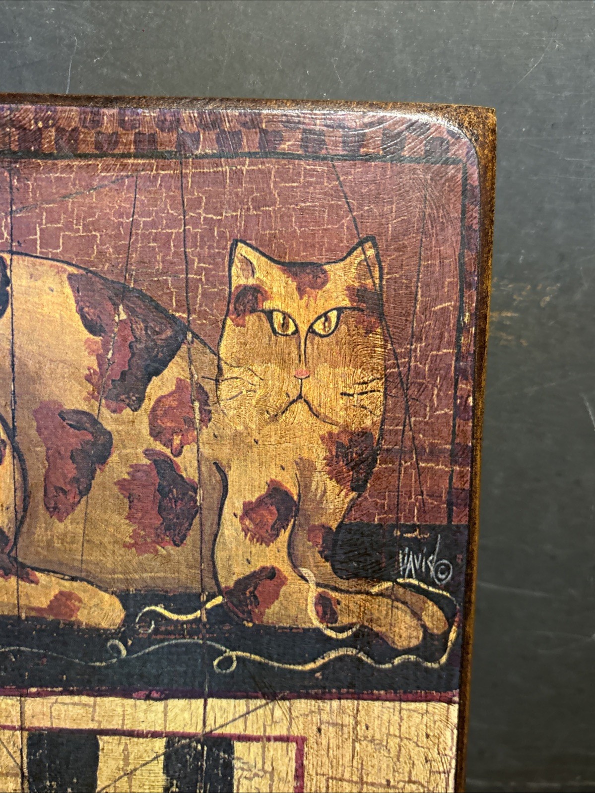 Cat Yarn Ball Primitive Wooden Checkerboard Wall Hanging Davis Folk Art Wood D8