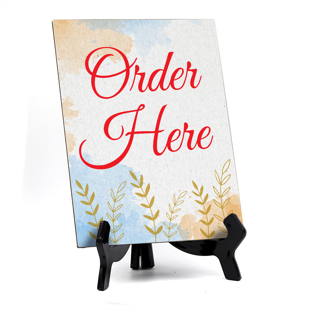 Signs ByLita Order Here, Blue Watercolor Table Sign (6 x 8″)