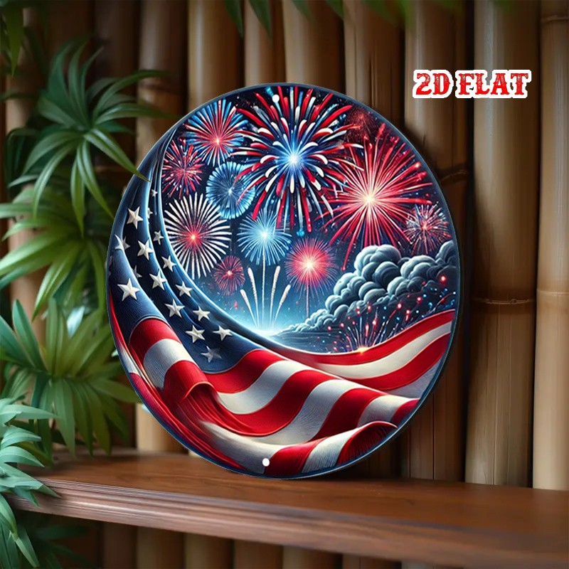 2D Flat Round Aluminum Metal Tin Sign Independence Day American Metal Wall Art♪
