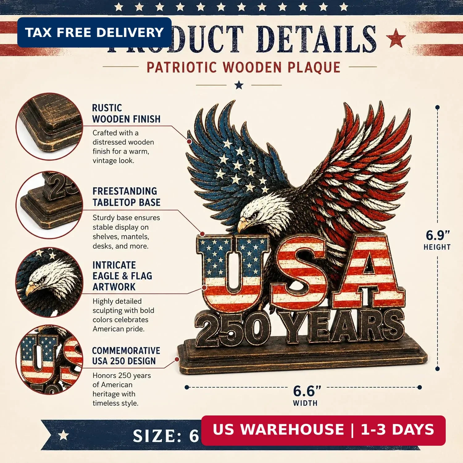 USA 250 Years Patriotic Wooden Desk Plaque, 250th Anniversary USA Decorations wi