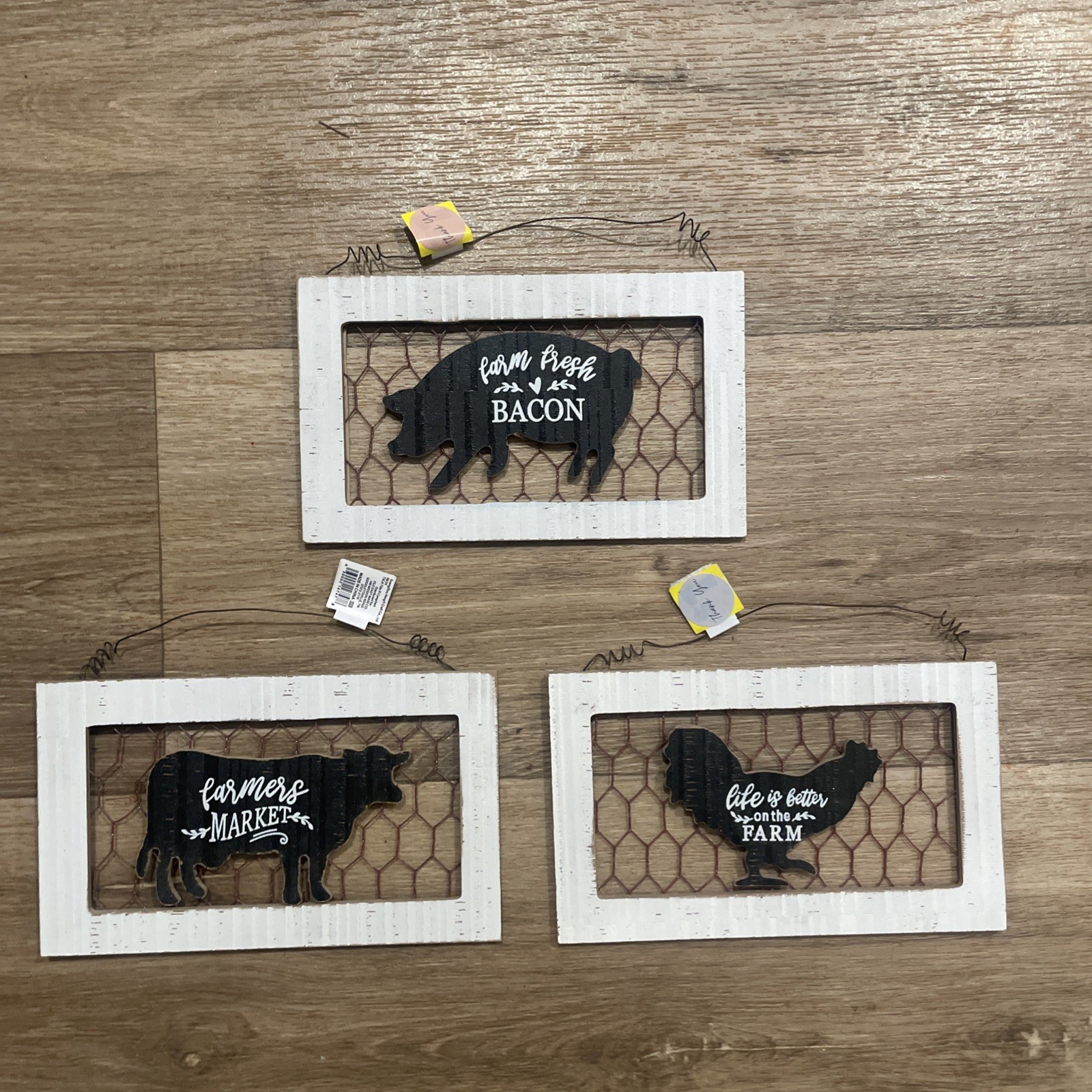 Three farm style decoration, hanging signs, pig, chicken, and cow