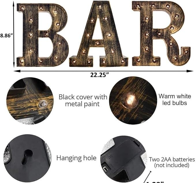 LED Vintage BAR Sign Light – Perfect for Home Décor & Parties, Battery Operated