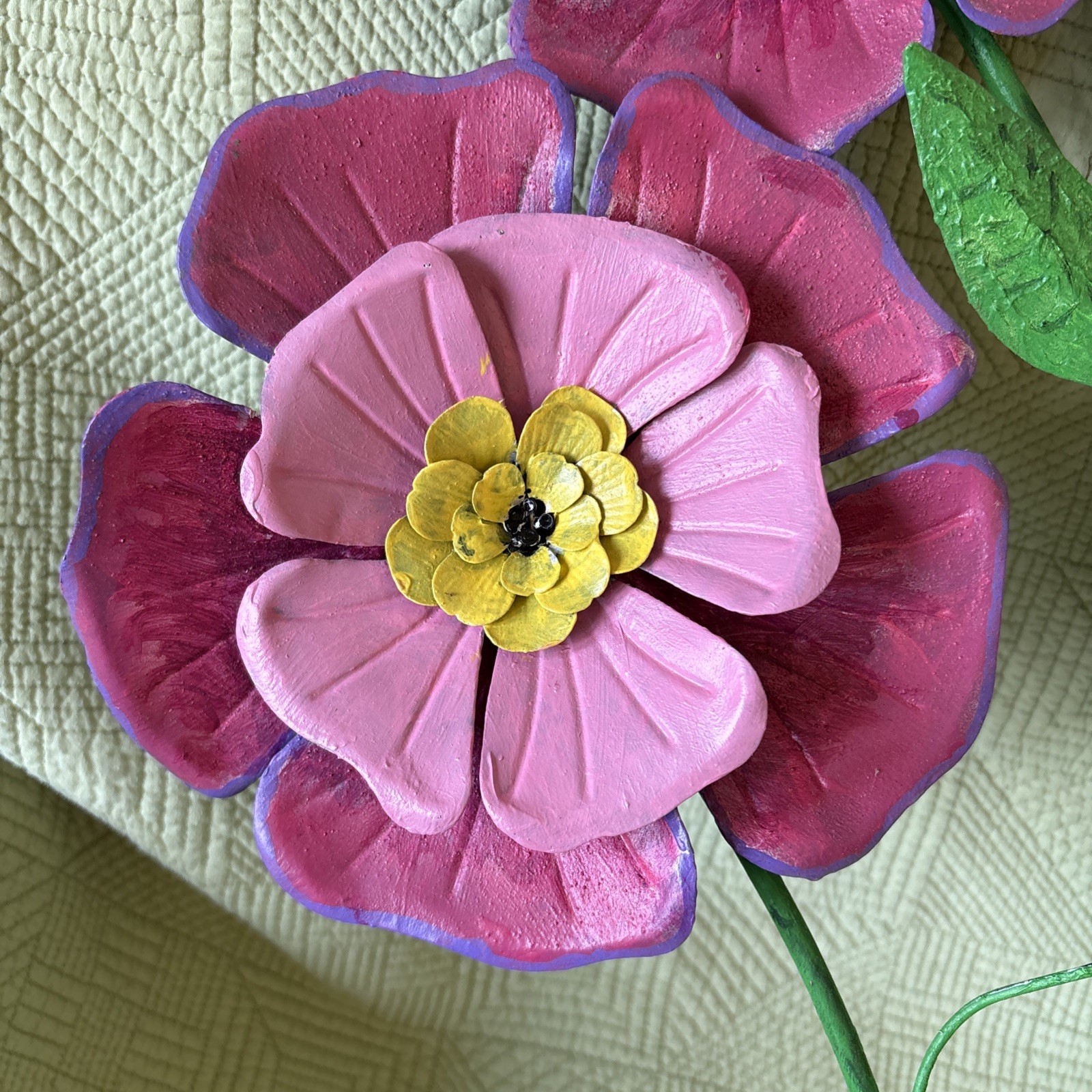 3 Large Pink Metal Flowers Wall Hanging In/Outdoor 26” Tall Flowers 8” Diameter