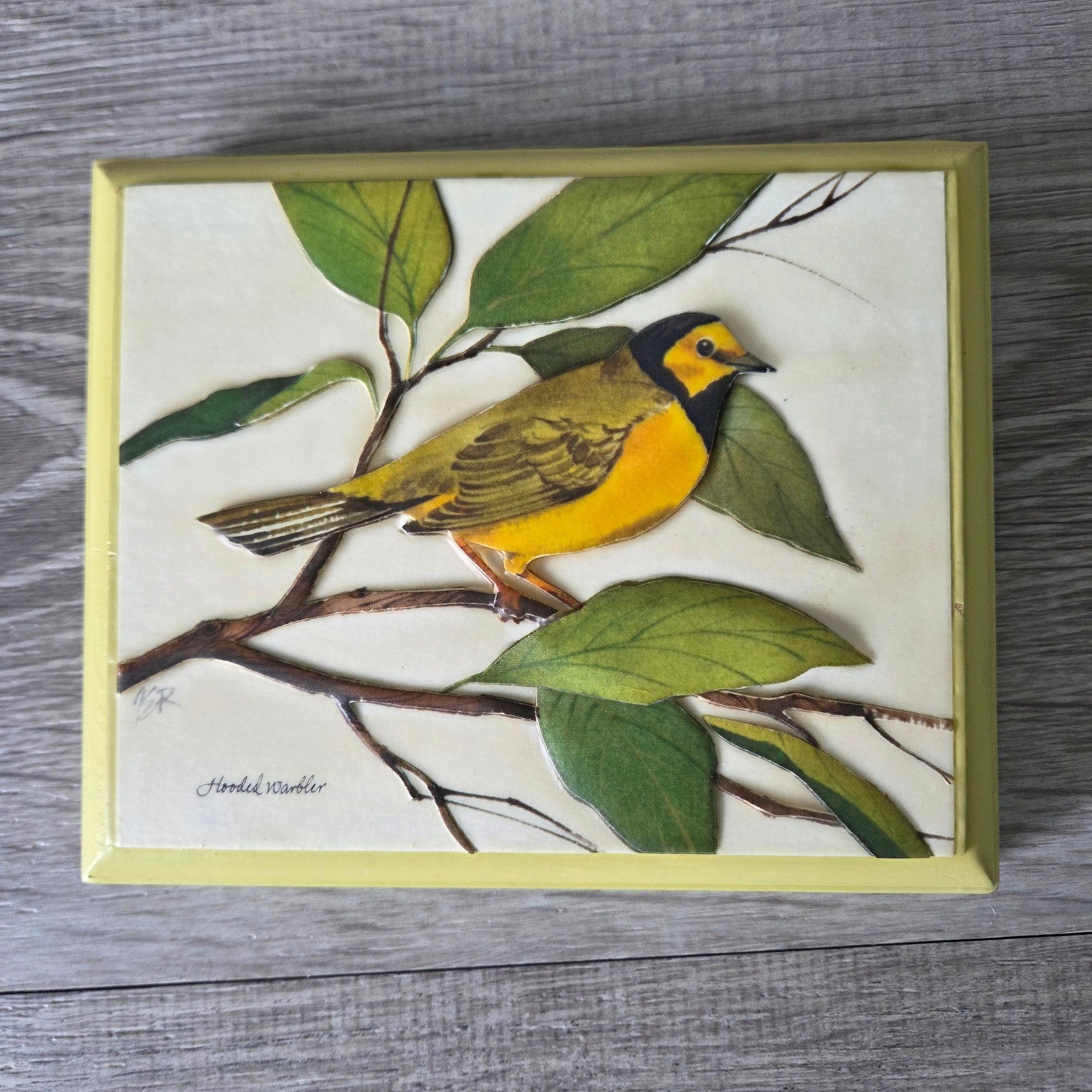 Vintage 1973 3D Paper Tole Bird Wall Art Set 4 Wood Plaques Yellow Cottagecore