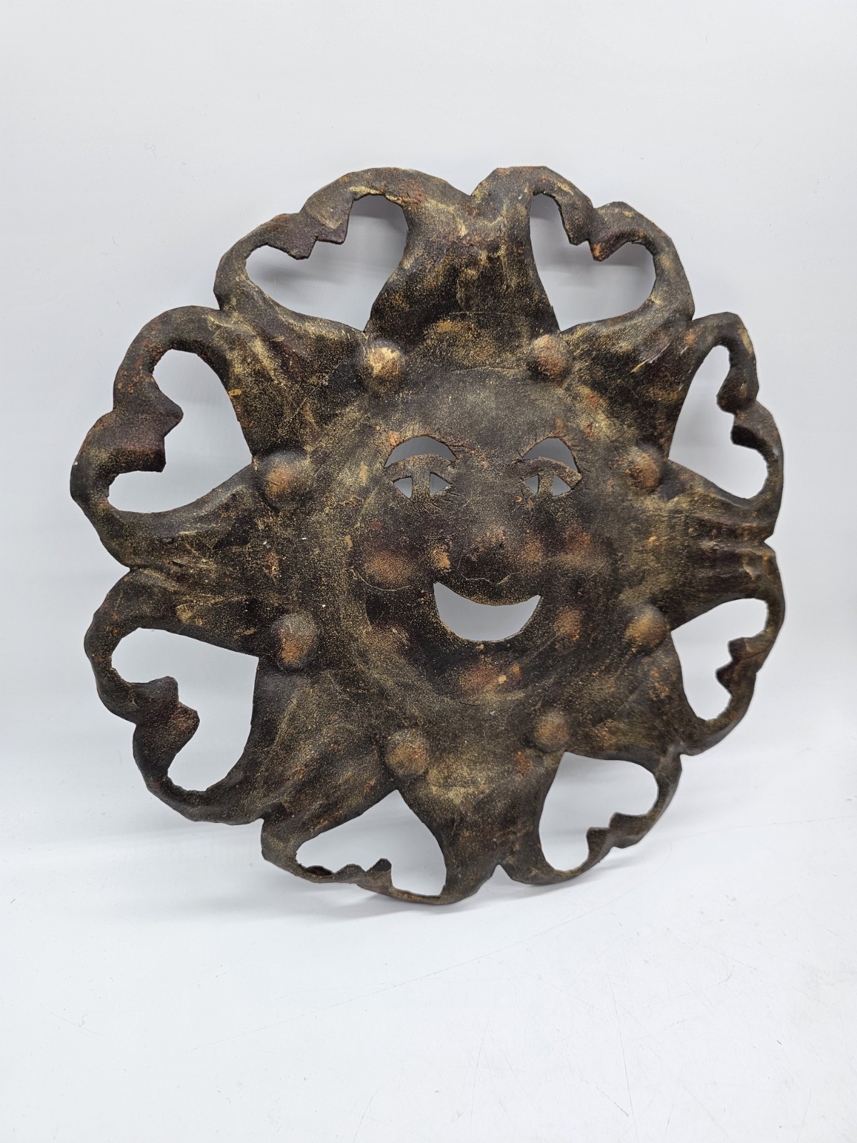 Vintage From Haiti Hammered Metal Smiling 11″ Garden Sun Wall Plaque Primitive