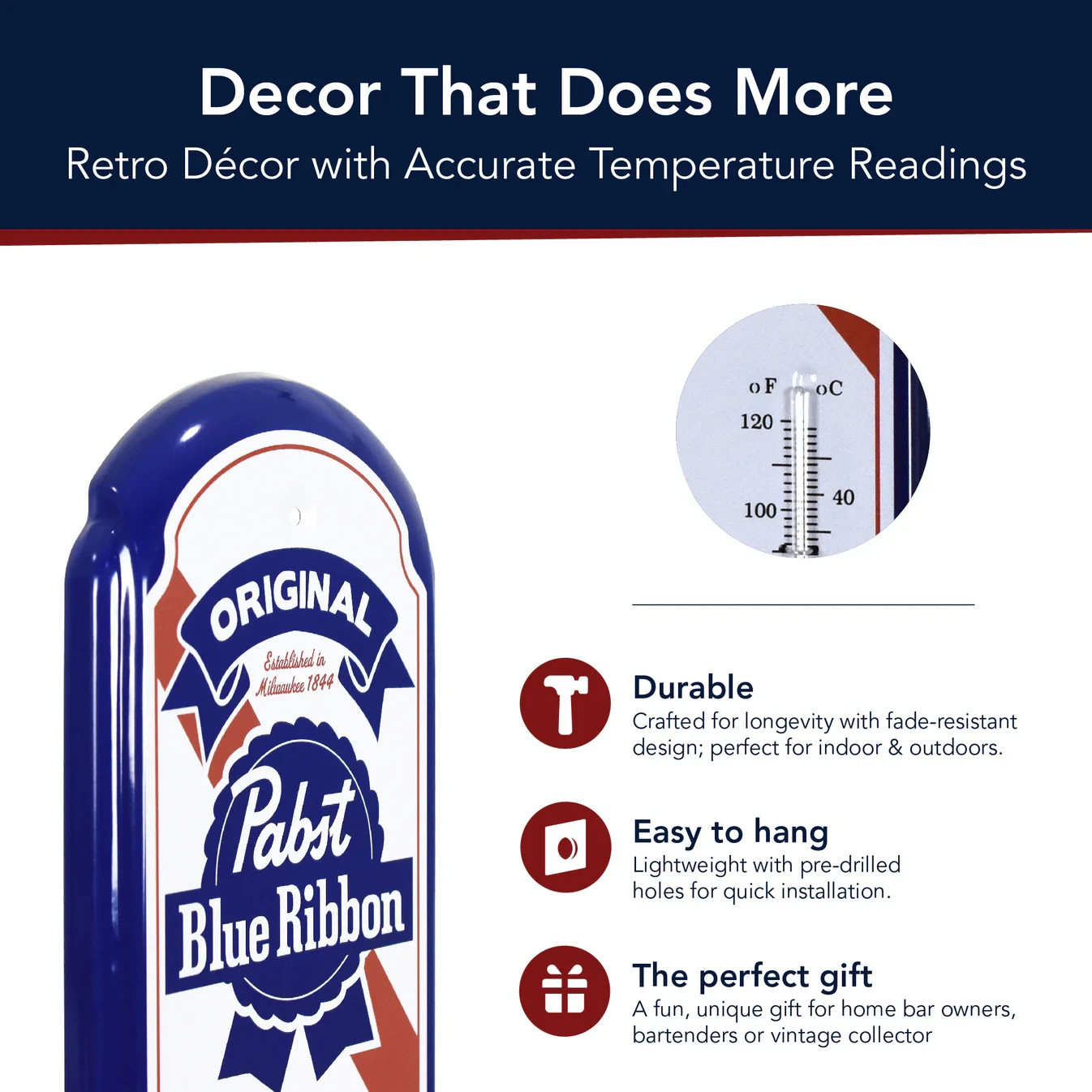 Pabst Blue Ribbon Metal Thermometer Wall Sign Retro Beer Bar Garage Man Cave