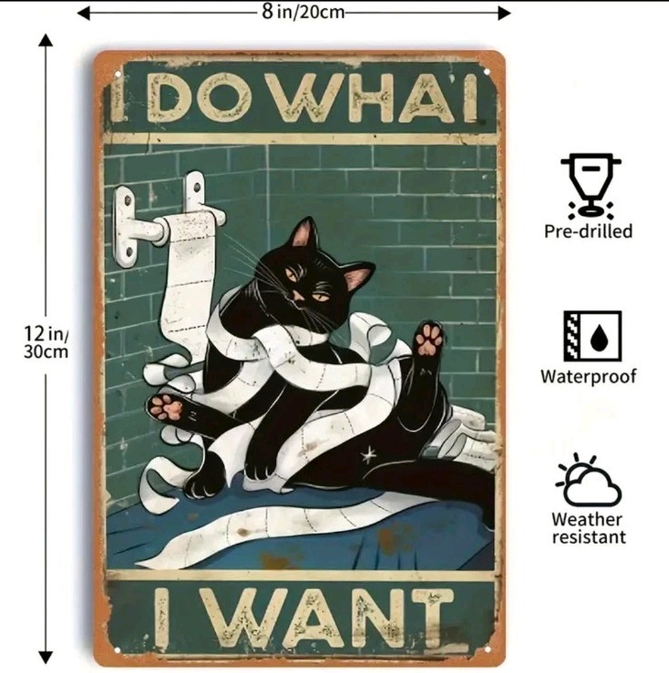 Funny Black Cat “Do What I Want” Metal Wall Art Sign 8×12 Bathroom Decor