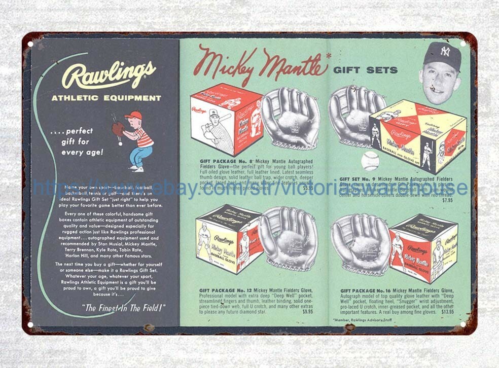1950s Rawlings sporting goods baseball glove ad Mickey Mantle tin sign bar signs
