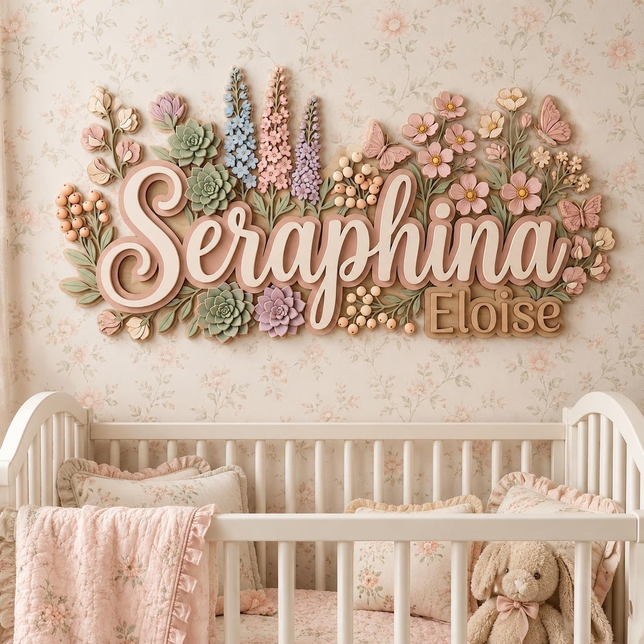 Flower Nursery Name Sign for Girls,Personalized 3D Wooden Baby Name Decor,Custom