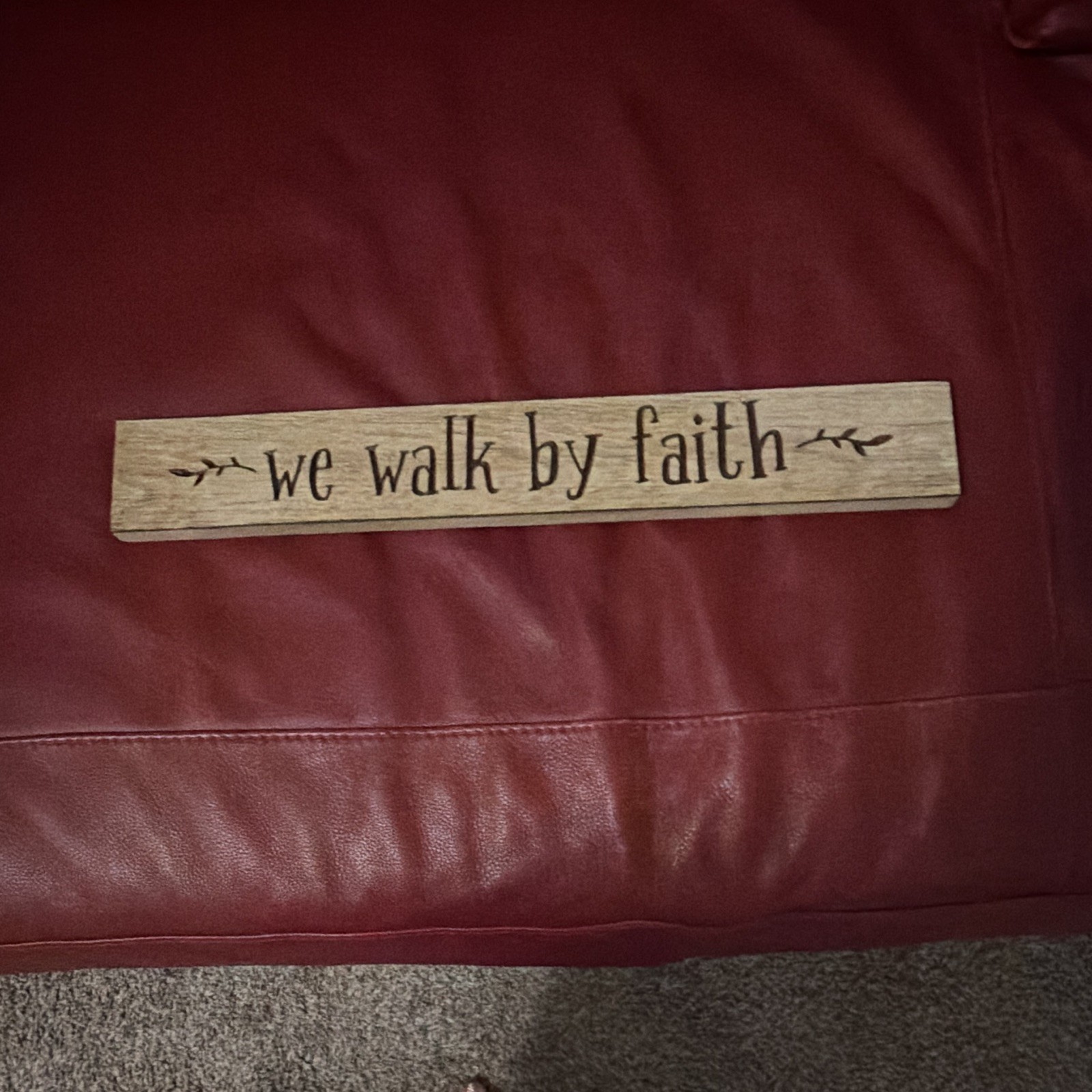 Wood Plaque Wall Sign “We Walk by Faith” Beige/Black, Horizontal Rectangle