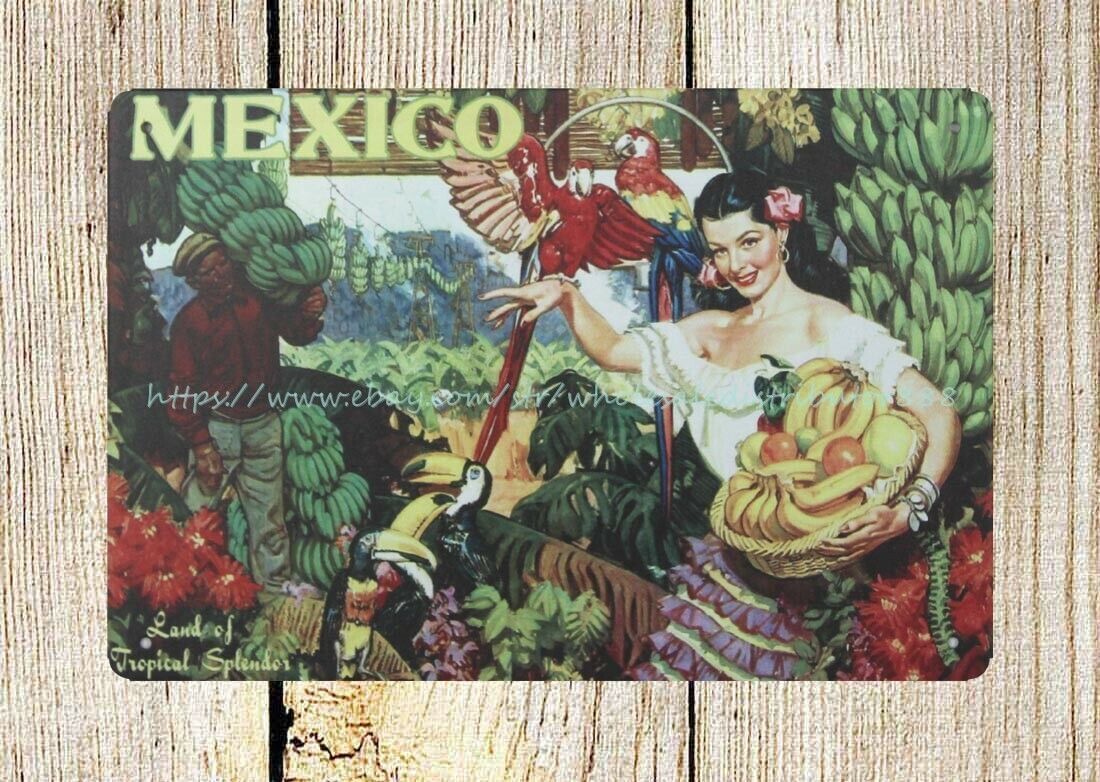 home decor TROPICAL FRUIT TOUCAN PARROT MEXICO travel metal tin sign