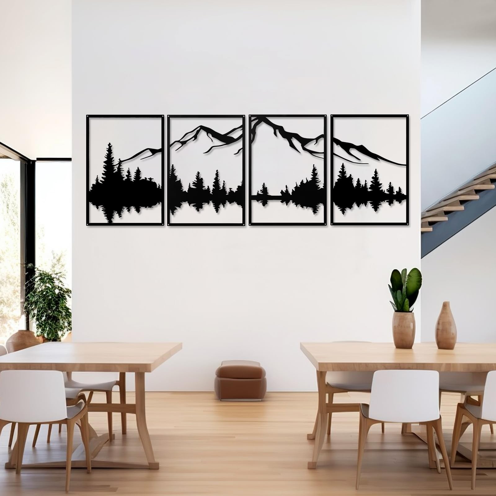 4 PCS Black Metal Mountain Wall Art, Large Forest Vertical Wall Sculptures